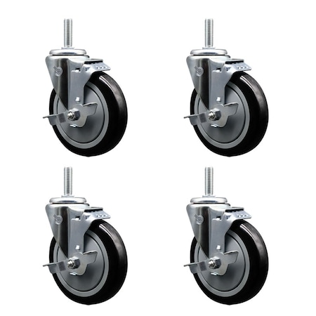 Service Caster 5 Inch Black Polyurethane Wheel Swivel 58 Inch Threaded Stem Caster Set with Brake SCC SCC-TS20S514-PPUB-BLK-TLB-58212-4